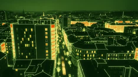 a neon-illuminated urban landscape: an aerial view of a vibrant city with glowing streets and buildings at night