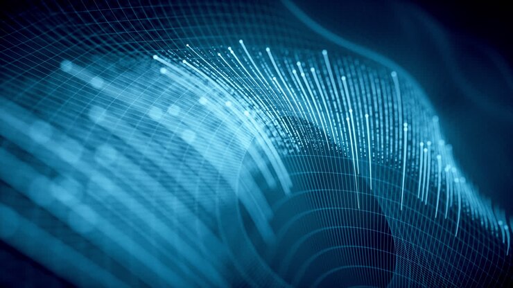 Cyberspazio con linee ondulate luminose, rendering 3D