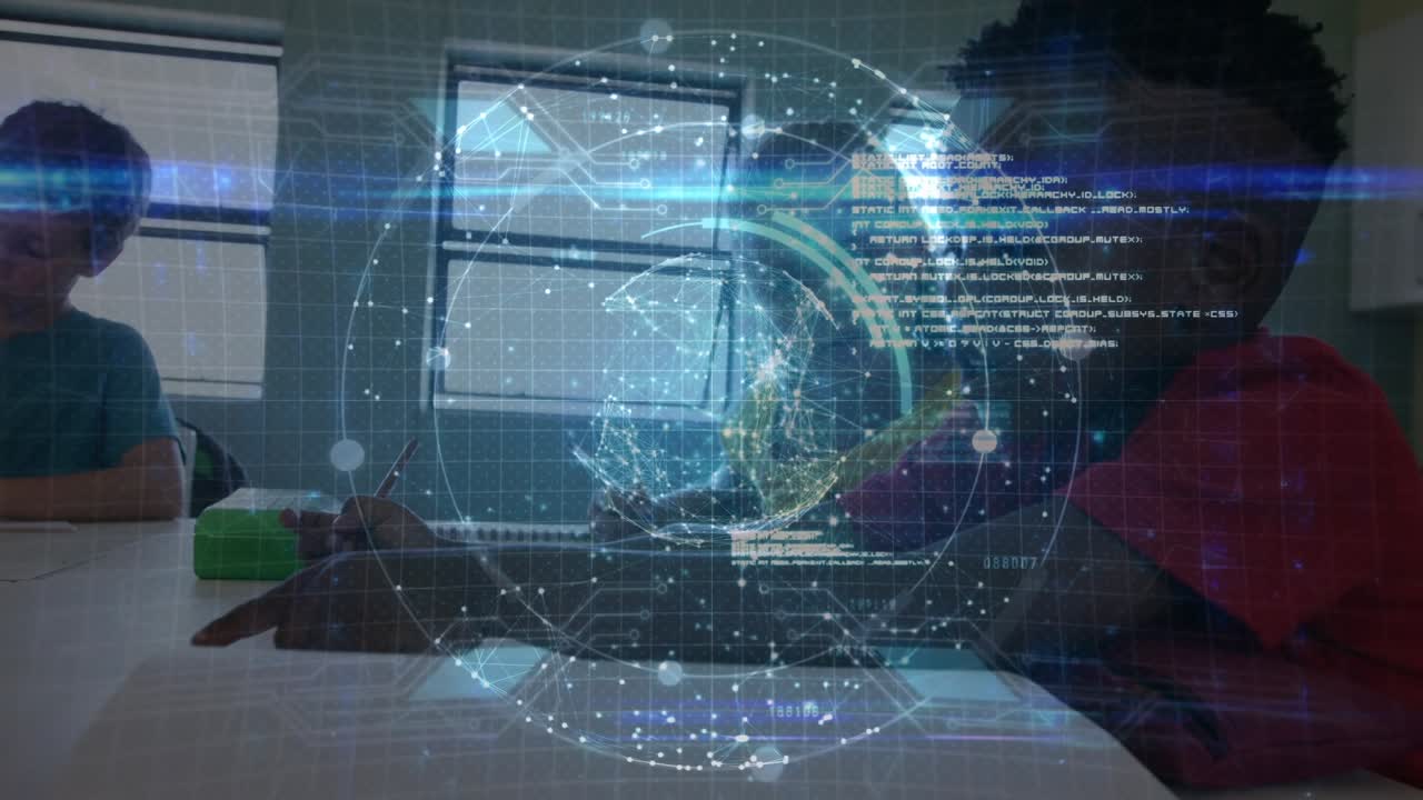 Globe of network of connections against diverse boy and girl studying in the class at school