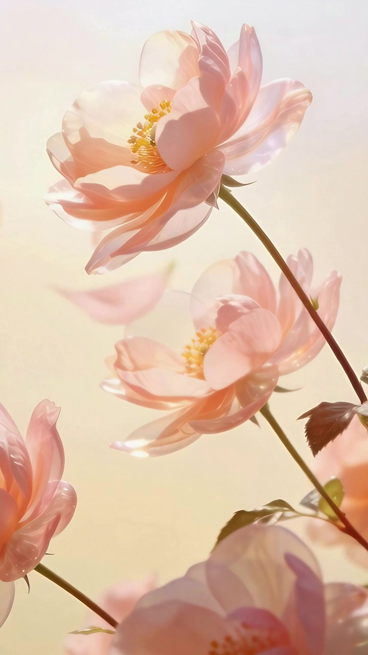 Video verticale: Fiori rosa pallido che ondeggiano in primo piano, una brezza leggera che stacca i petali verso il basso