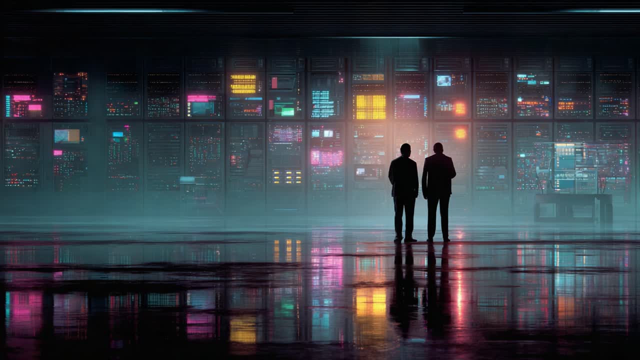 Two Figures Standing Silhouetted Against an Intricate Display of Colorful Lights and Digital Interfaces in a Mysterious High-Tech Environment