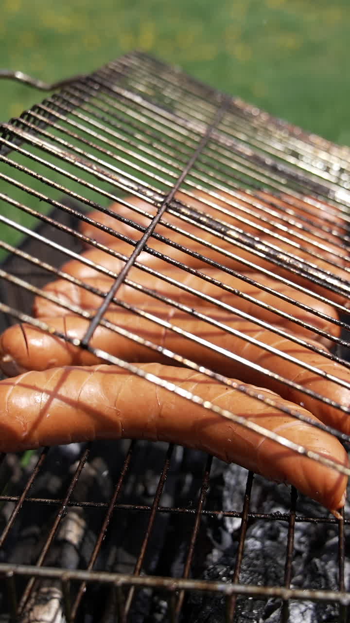 Barbeque sausages grilling for picnic. Man holding on fire roasted meat. Vertical video