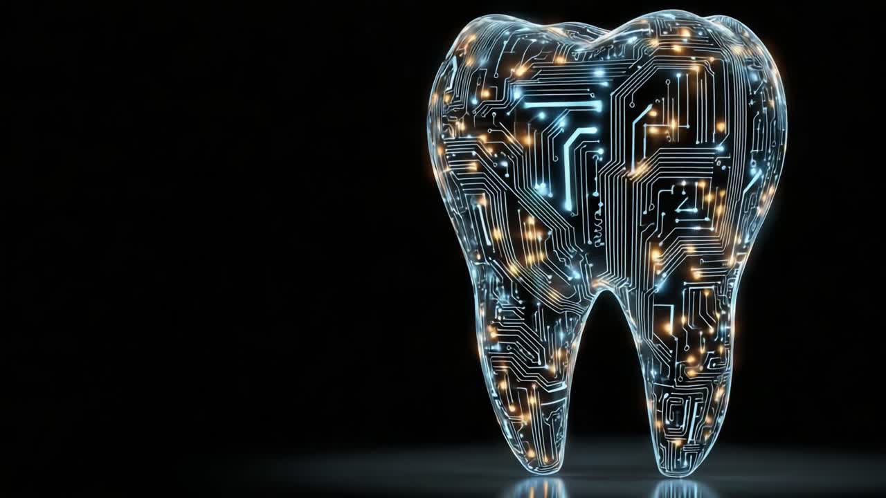 Futuristic Digital Tooth Design Illuminated with Circuit Patterns, Merging Technology and Dental Aesthetics in a Vivid Display of Synthesis and Innovation
