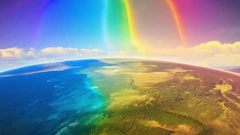 impresionantes arcos de arco iris sobre un paisaje impresionante con majestuosas montañas, un lago sereno y bosques exuberantes, creando una escena mágica llena de colores vibrantes y tranquilidad