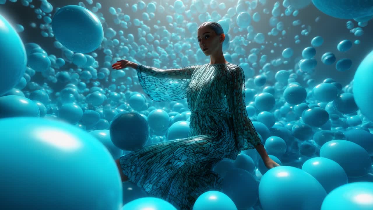 An ethereal figure elegantly glides through a surreal underwater environment filled with vibrant blue spheres, creating a dreamlike atmosphere that emphasizes fluid movement and harmony with the surroundings
