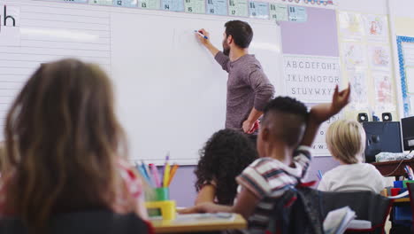 male teacher standing at whiteboard teaching lesson to elementary pupils in school classroom