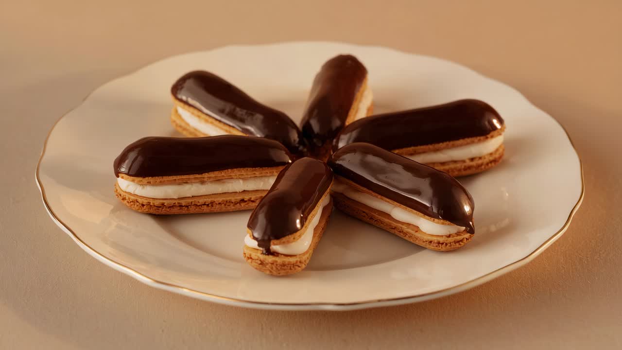 Câmera com zoom revelando um prato com borda dourada contendo seis bombas de chocolate em uma mesa bege, mostrando o glacê e o creme