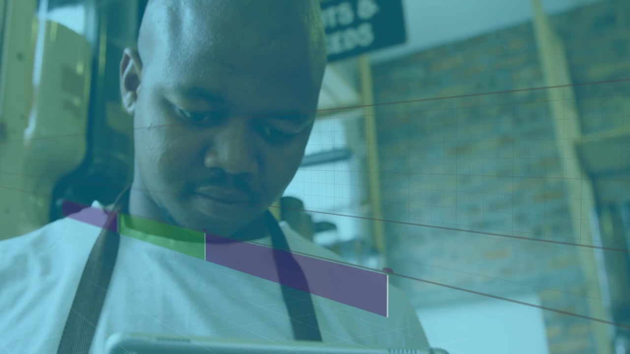 Animation of graphs over african american male warehouse worker