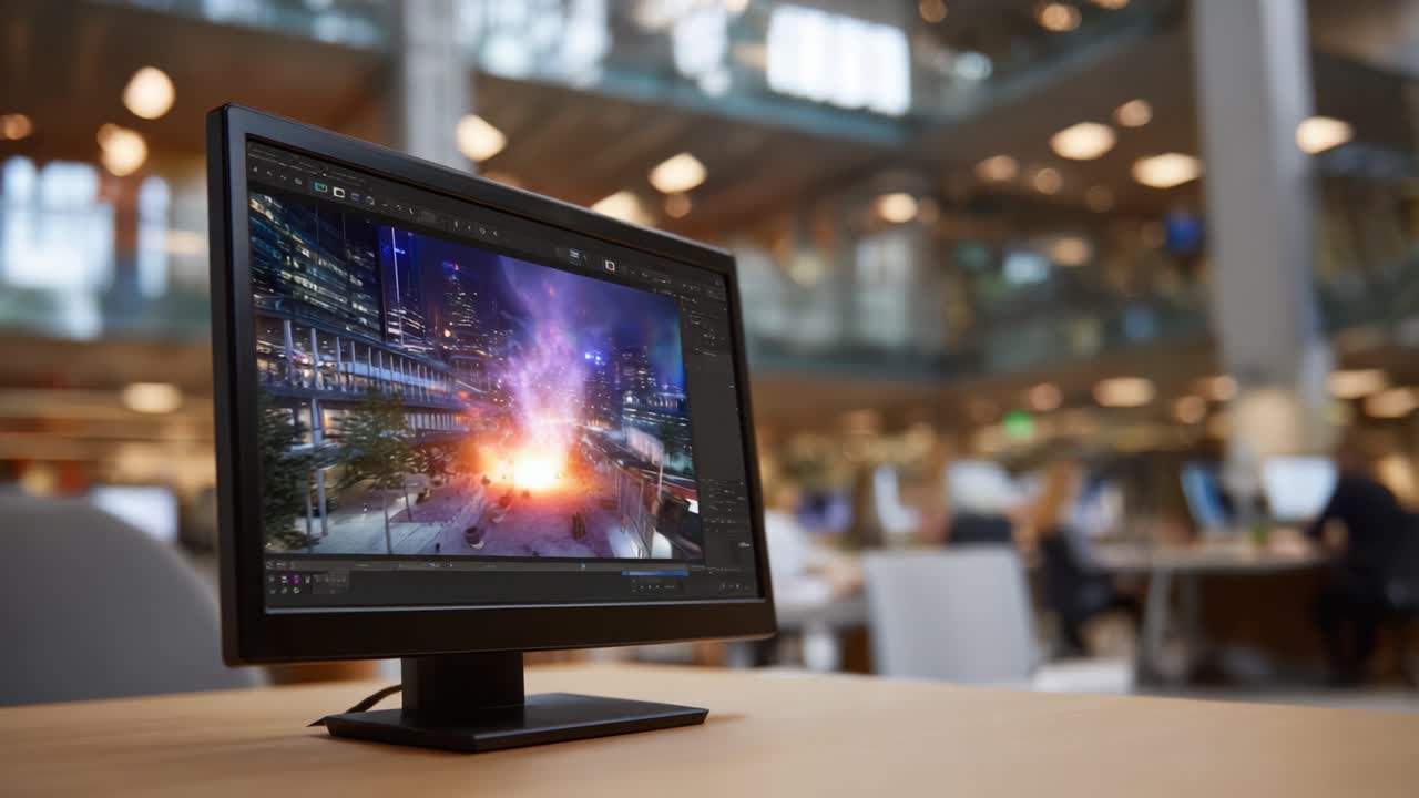 Arte digitale trasformativa: dall'esplosione urbana al lancio nello spazio – Un viaggio di creatività dinamica catturato su schermo in un’area di lavoro moderna