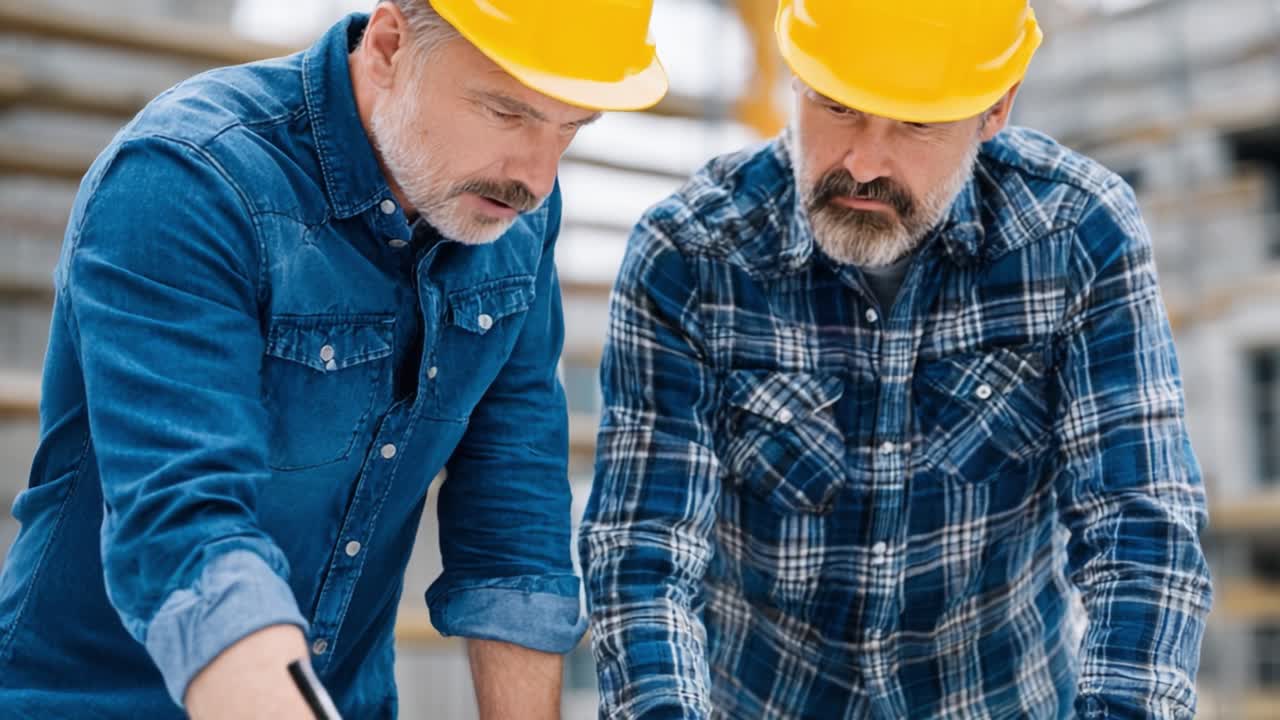 Collaboration and Planning: Two Workers Review Construction Blueprints with Focus and Dedication, Ensuring a Successful Project Outcome in a Dynamic Work Environment