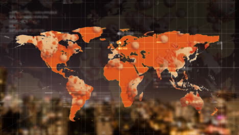 animation of a world map with covid-19 cells floating on continents
