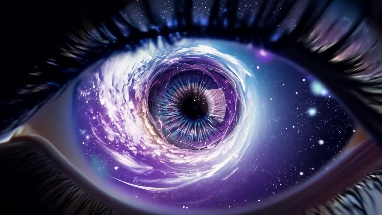 눈 안에서 회전하는 은하의 클로즈업