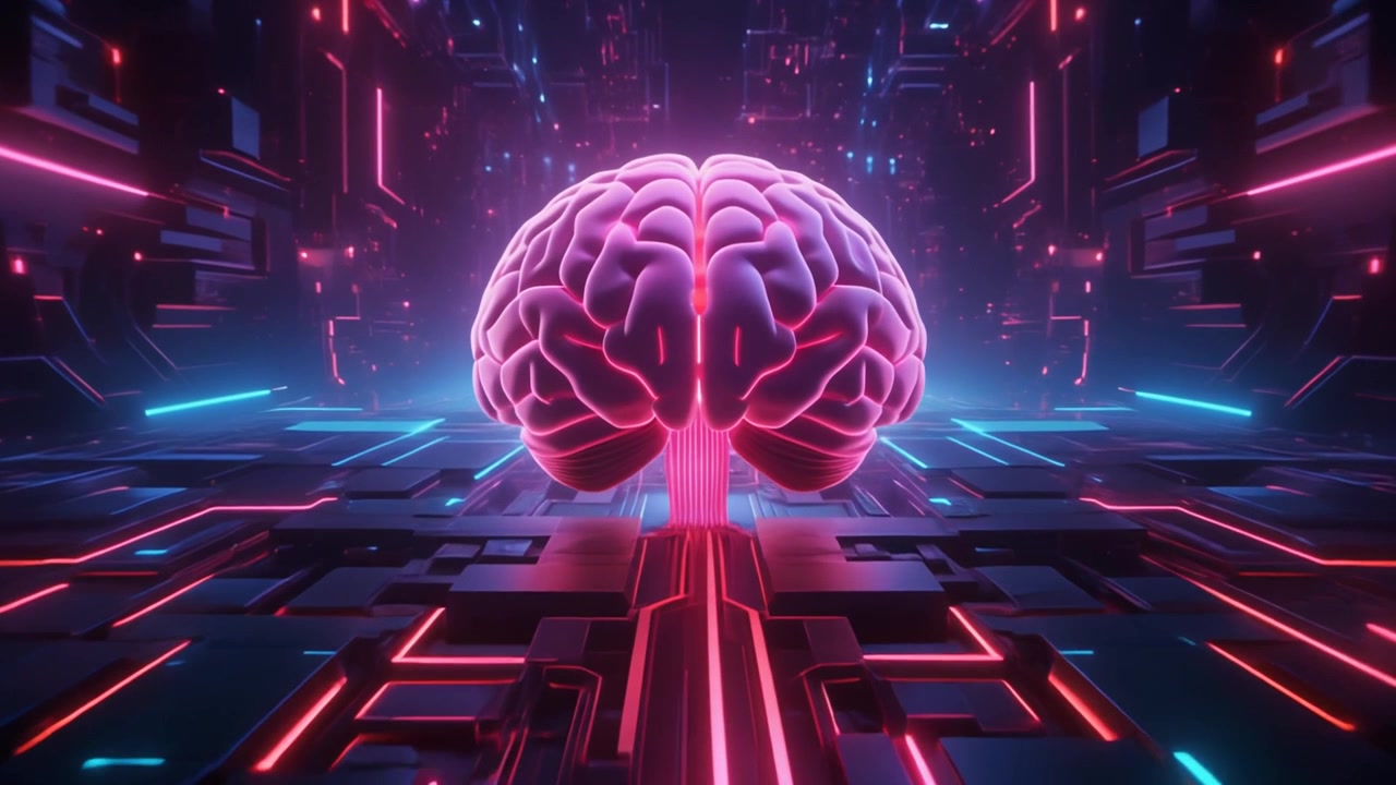 Glowing Human Brain Floating in Futuristic Digital Cybernetic Environment