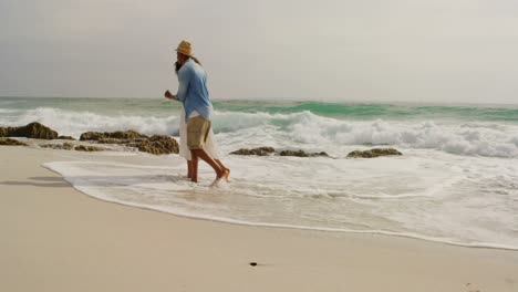 side view of african american couple walking together on the beach 4k