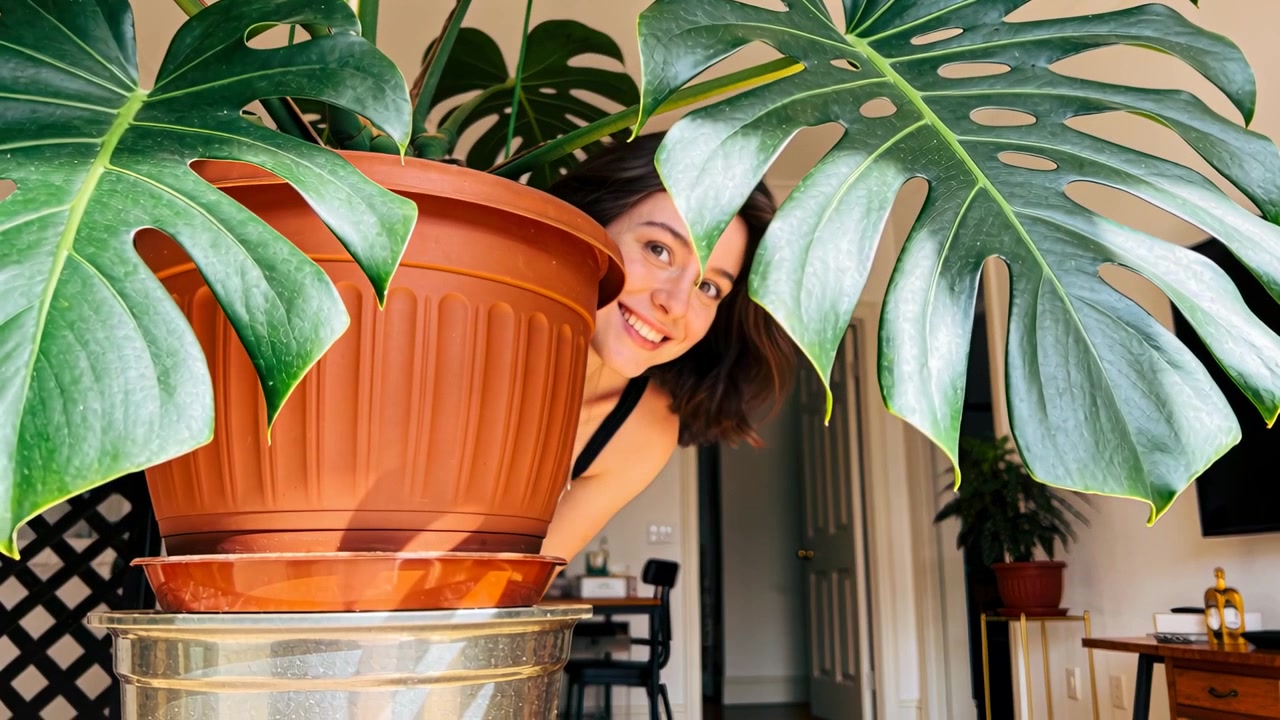 Donna con canotta e catena che fa capolino da un vaso di Monstera a casa, mentre la telecamera la riprende e la presenta