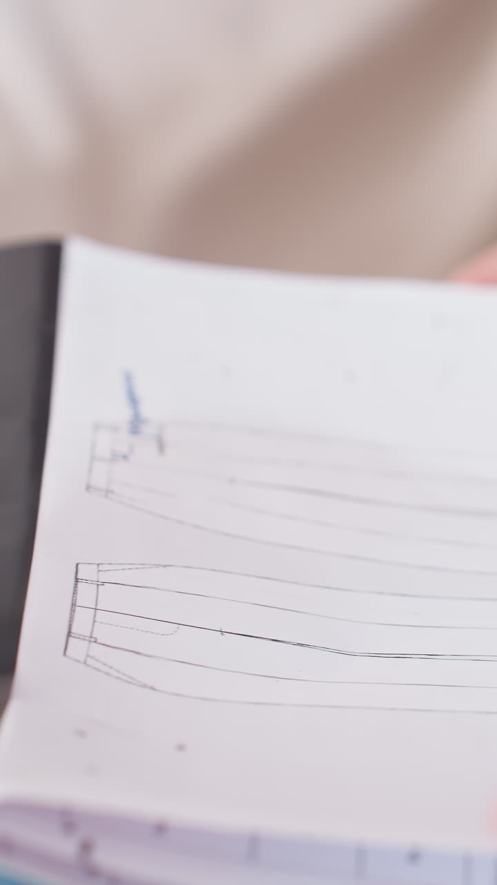 caucasian woman inspecting pattern pages and notes as methodical quality controller, production planner stacking templates, sample maker approving prototype calm measured pace, neutral sweater