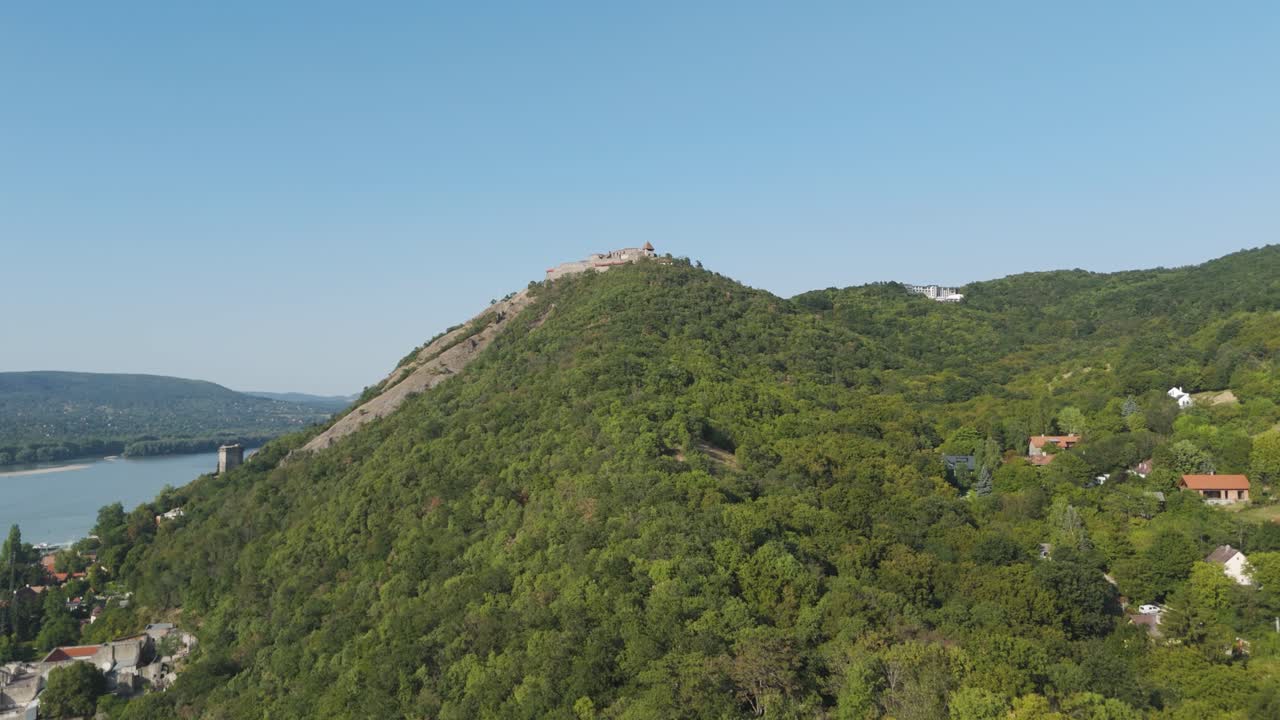 Aerial view of Visegrád Castle standing on a hill above the Danube River in Hungary