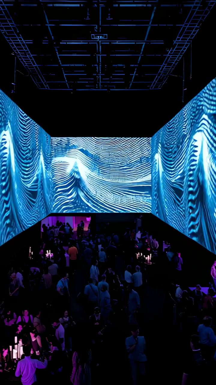 Vertical video: Animating three-wall projection, crowd in evening wear moving and filming on phones