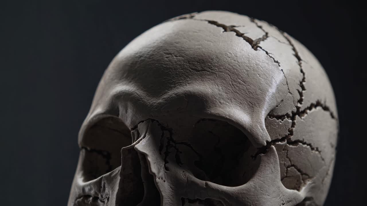 Close-up video of a cracked skull, shot from a low angle. The dark background emphasizes the texture