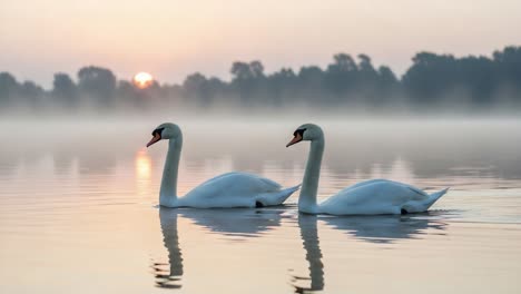a serene moment at dawn: two elegant swans glide gracefully across the misty lake surface, capturing the beauty of nature in tranquil harmony