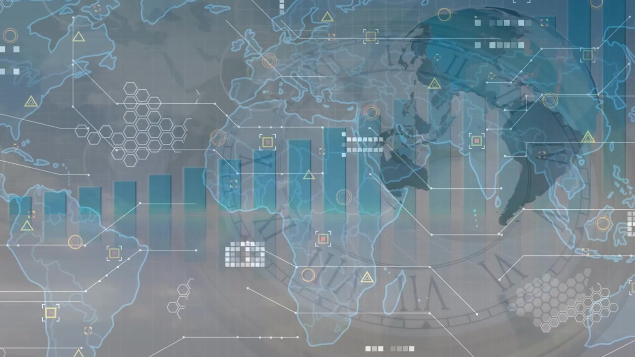Animation of world map and globe over moving clock on white background
