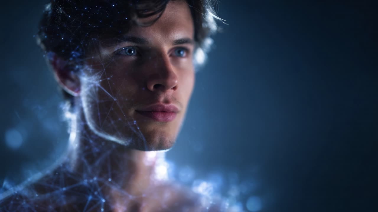 Un accattivante primo piano di un giovane uomo con intricati motivi luminosi sulla pelle, che simboleggiano la fusione di tecnologia e umanità in un'ambientazione futuristica