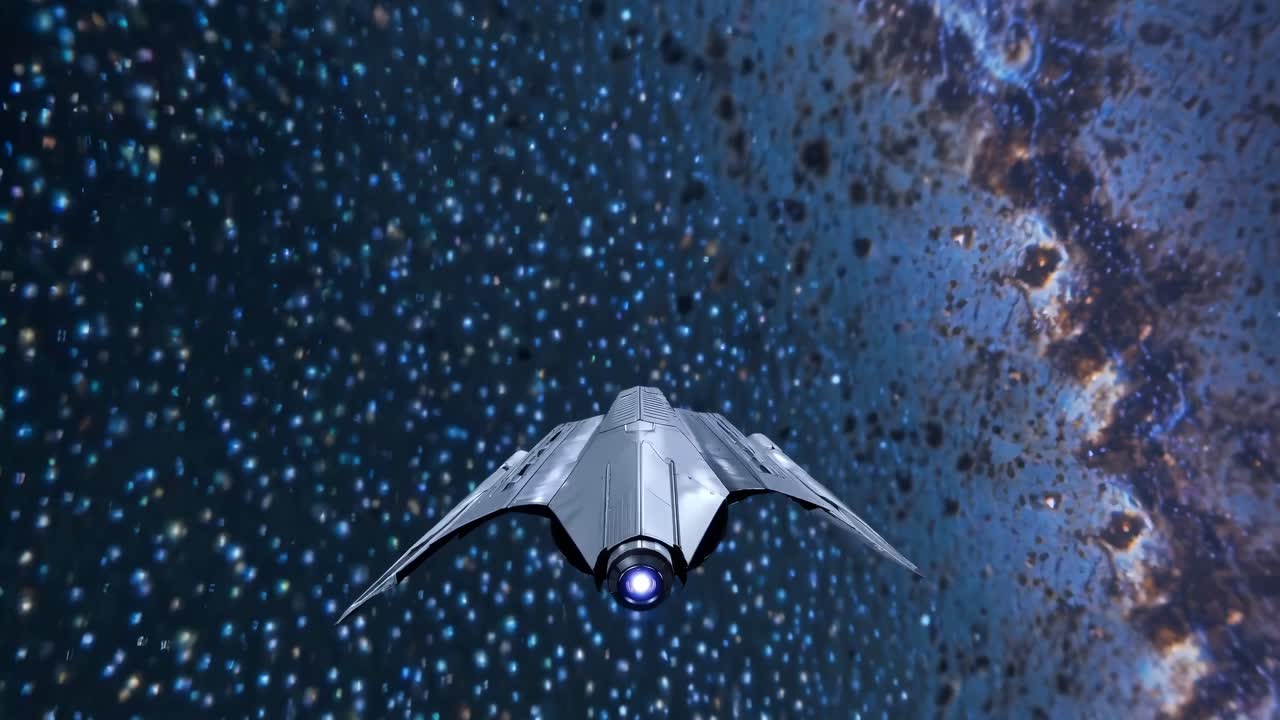 Futuristinen avaruusalus lentää tähtikirkkaan galaksin läpi, kuvattuna takaa