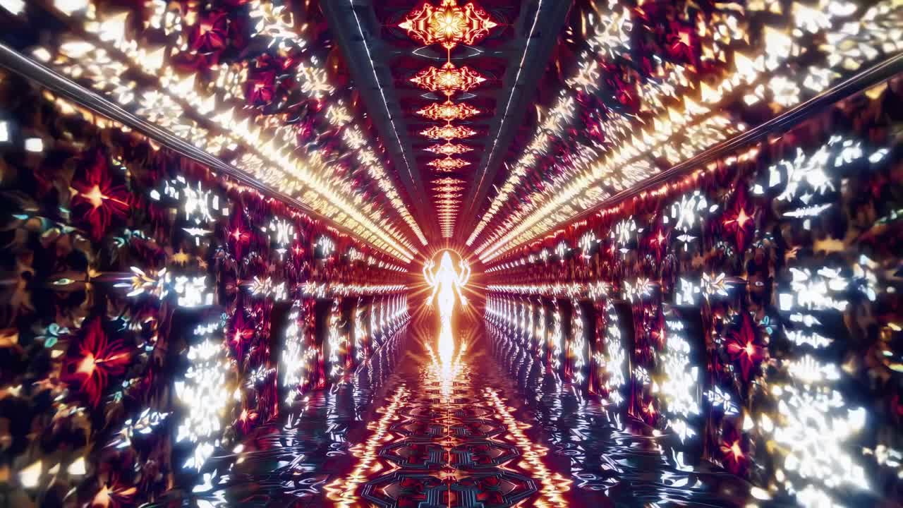 Bright silhouette walking in a mystical corridor with glowing ornamental walls and reflective floor, creating a mesmerizing and otherworldly atmosphere