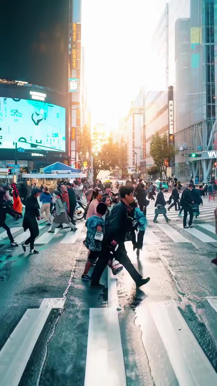 Crowd of People Crossing Busy Intersection in Tokyo at Sunset