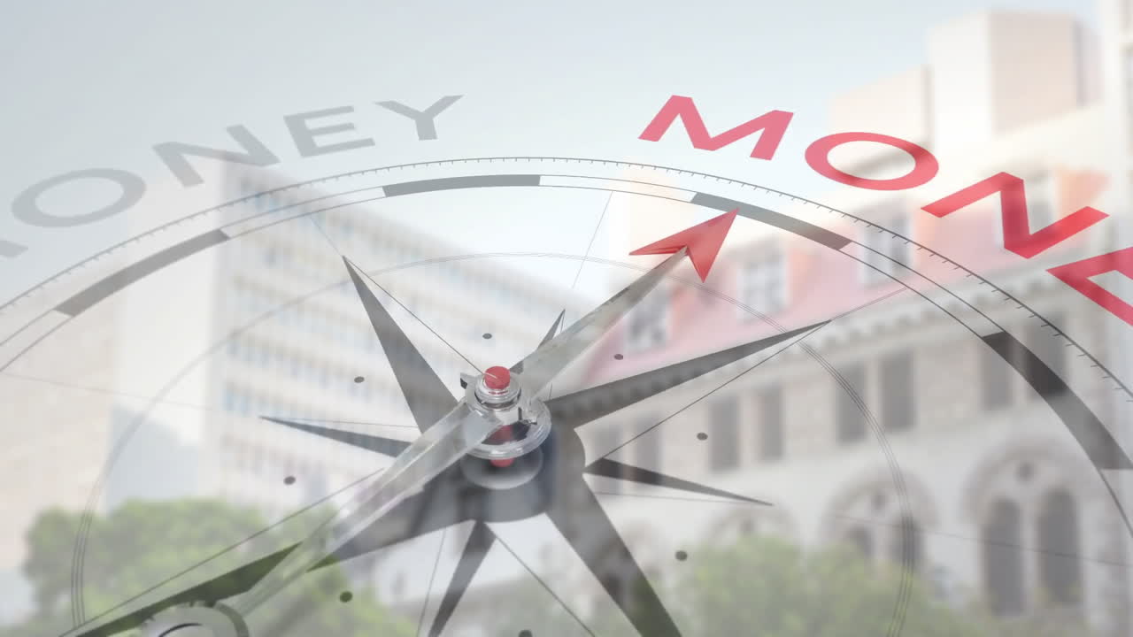 Animation of compass pointing towards money with cityscape in background