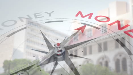 animation of compass pointing towards money with cityscape in background