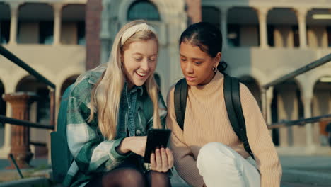 Funny,-friends-and-reading-phone-on-college