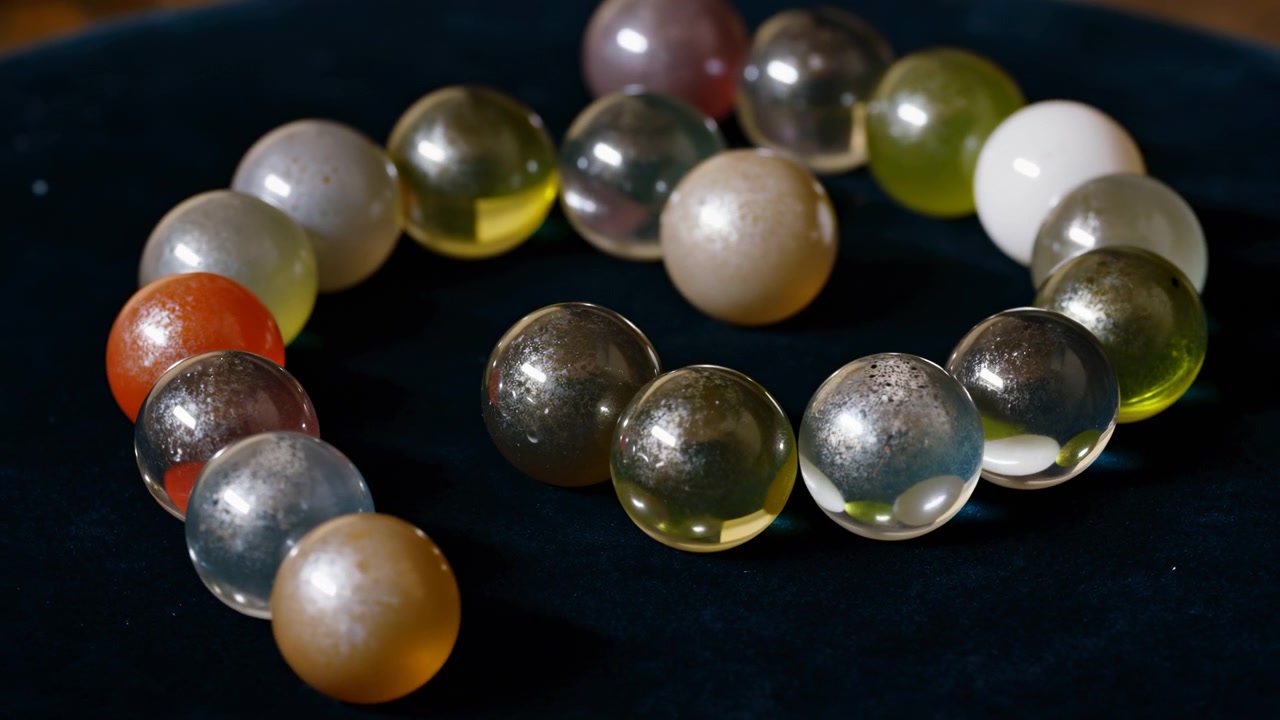 Primo piano di biglie di vetro lucide assortite disposte in un anello non compatto su uno sfondo scuro, con diversi pezzi in primo piano e una luce soffusa che crea riflessi luminosi.