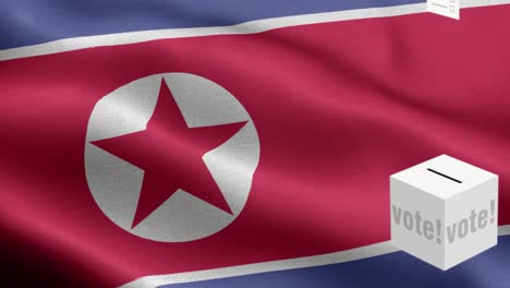 las boletas vuelan a la caja para corea del norte selección - caja de votación frente a la bandera - elección - voto - bandera de corea del norte - bandera de korea del norte alto detalle - bandera nacional de corea del norte patrón de onda elementos loopables - textura de tela y bucle sin fin