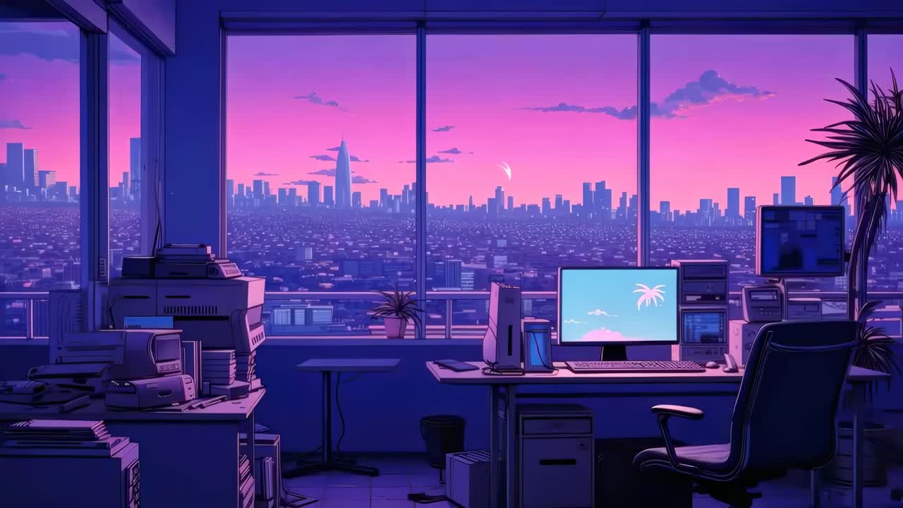 Retro-futuristic office scene with a wide-angle view, showcasing a vibrant cityscape at sunset