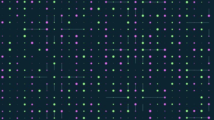 Symmetrical grid of purple and green dots on dark background