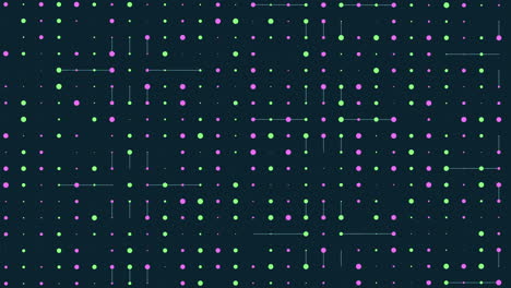cuadrícula simétrica de puntos púrpuras y verdes sobre un fondo oscuro