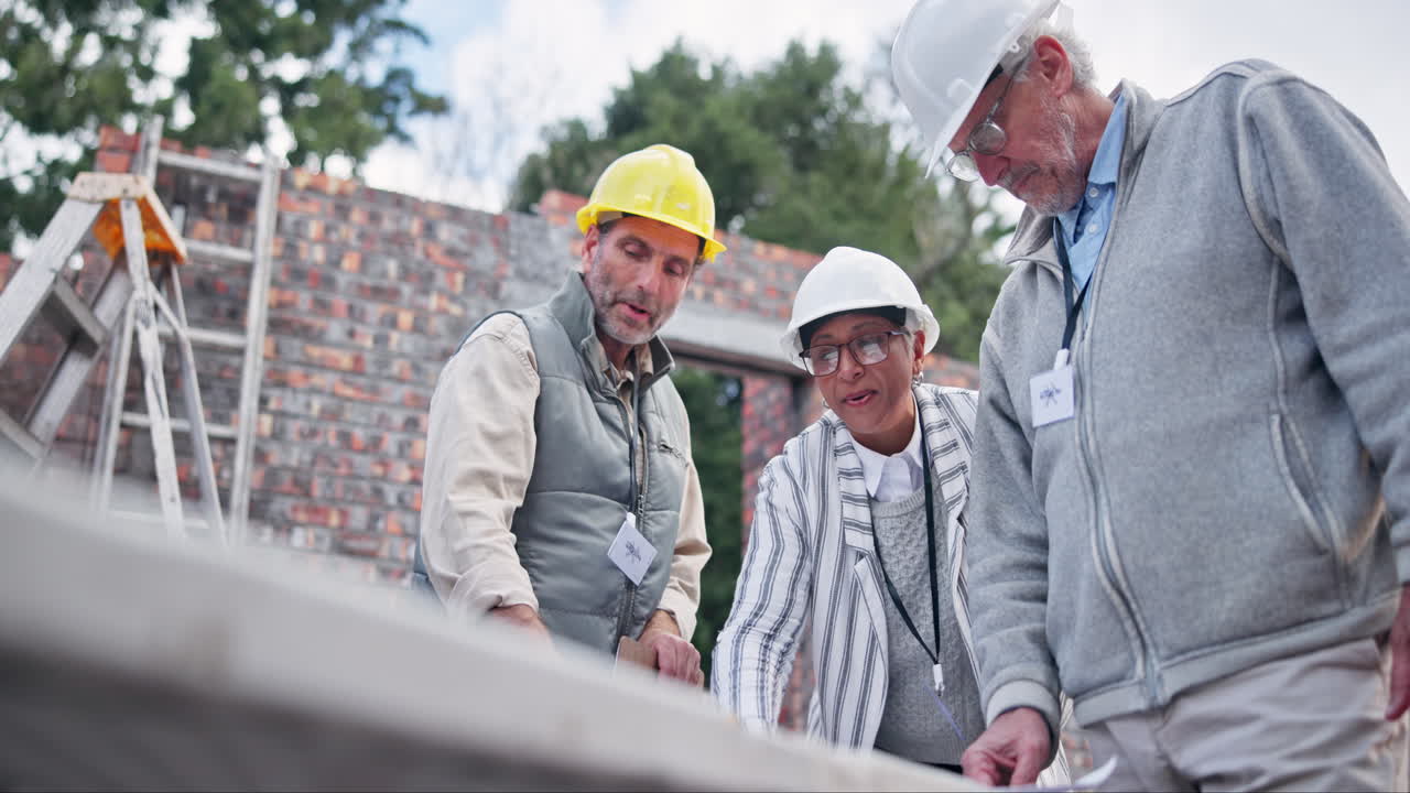 Construction Team Discussing Plans at Building Site