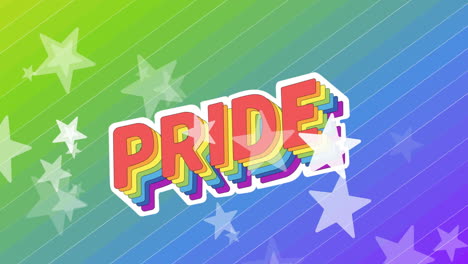 animación de orgullo texto lgbtq y estrellas cayendo sobre el fondo del arco iris