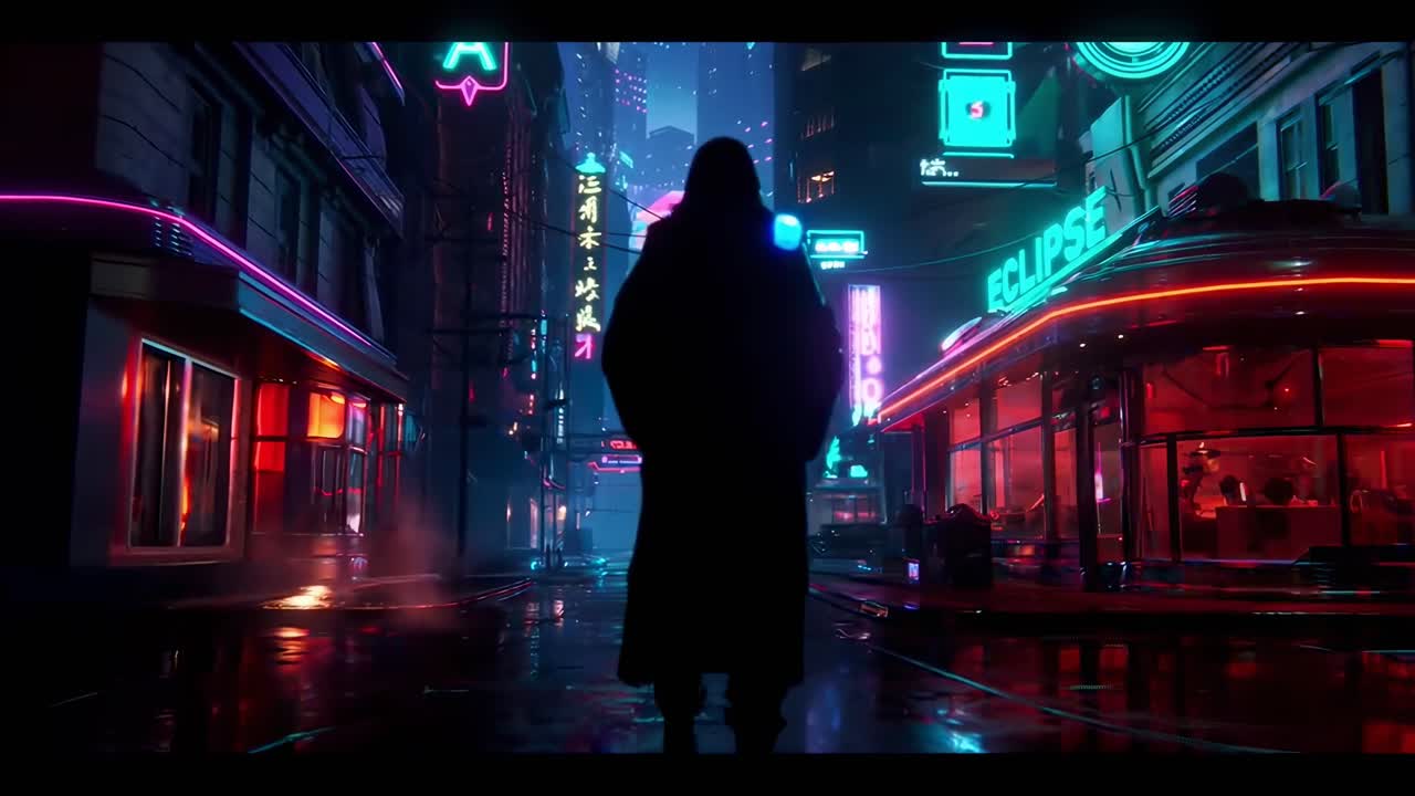 Cyberpunk stadsvideo med neonljus, med en silhuett från låg vinkel