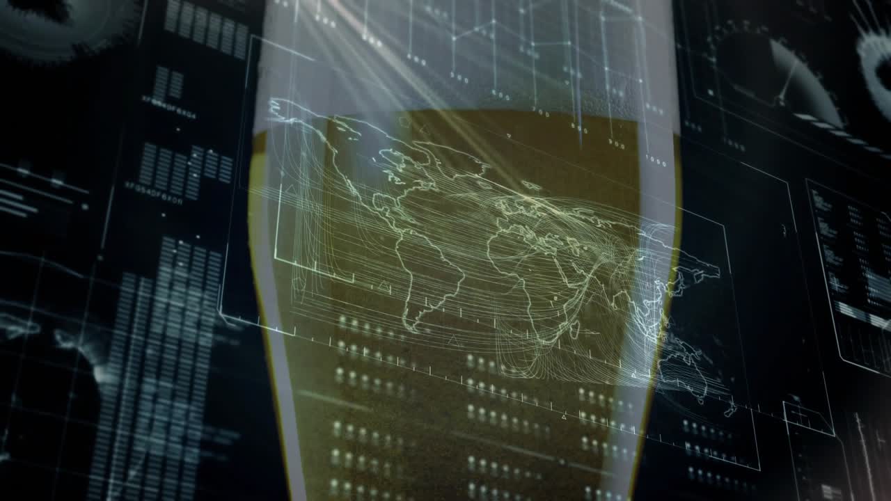 Slender glass moving center map hologram appearing over amber, data scanning for visualizing fusion