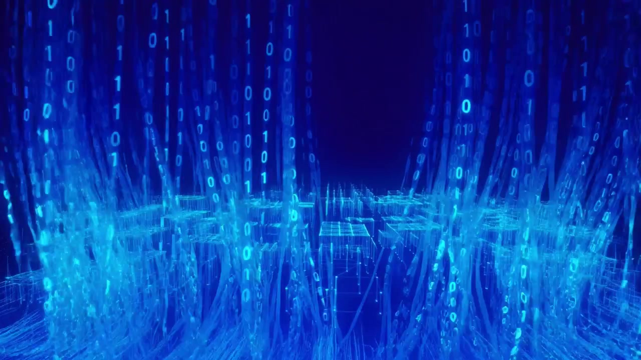 Blue Binary Code Data Flowing and Building Digital Network City