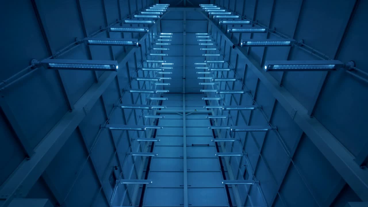 Controller powering vertical shaft lighting up for lighting test, showing tube rows, ladder braces