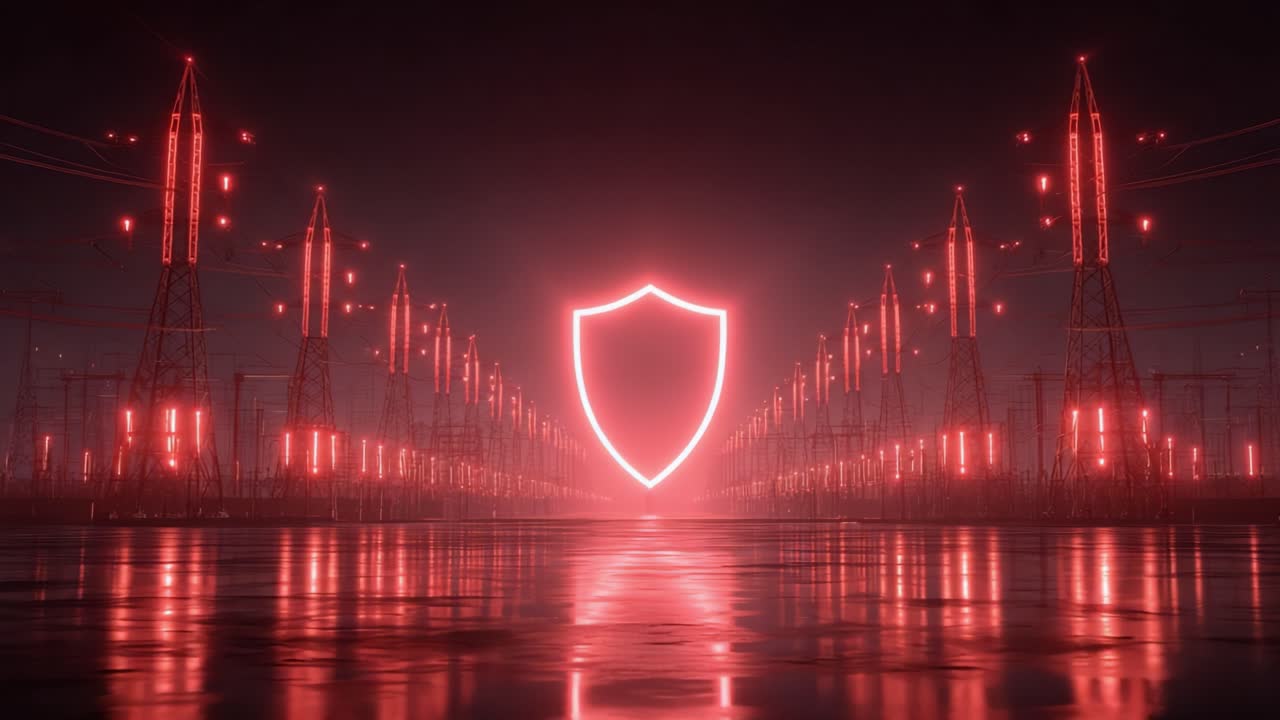 Illuminated Shield Symbolizing Protection Amidst a Network of Power Lines, Representing a Strong Defense in the Digital Age, Set Against a Dark Atmospheric Background