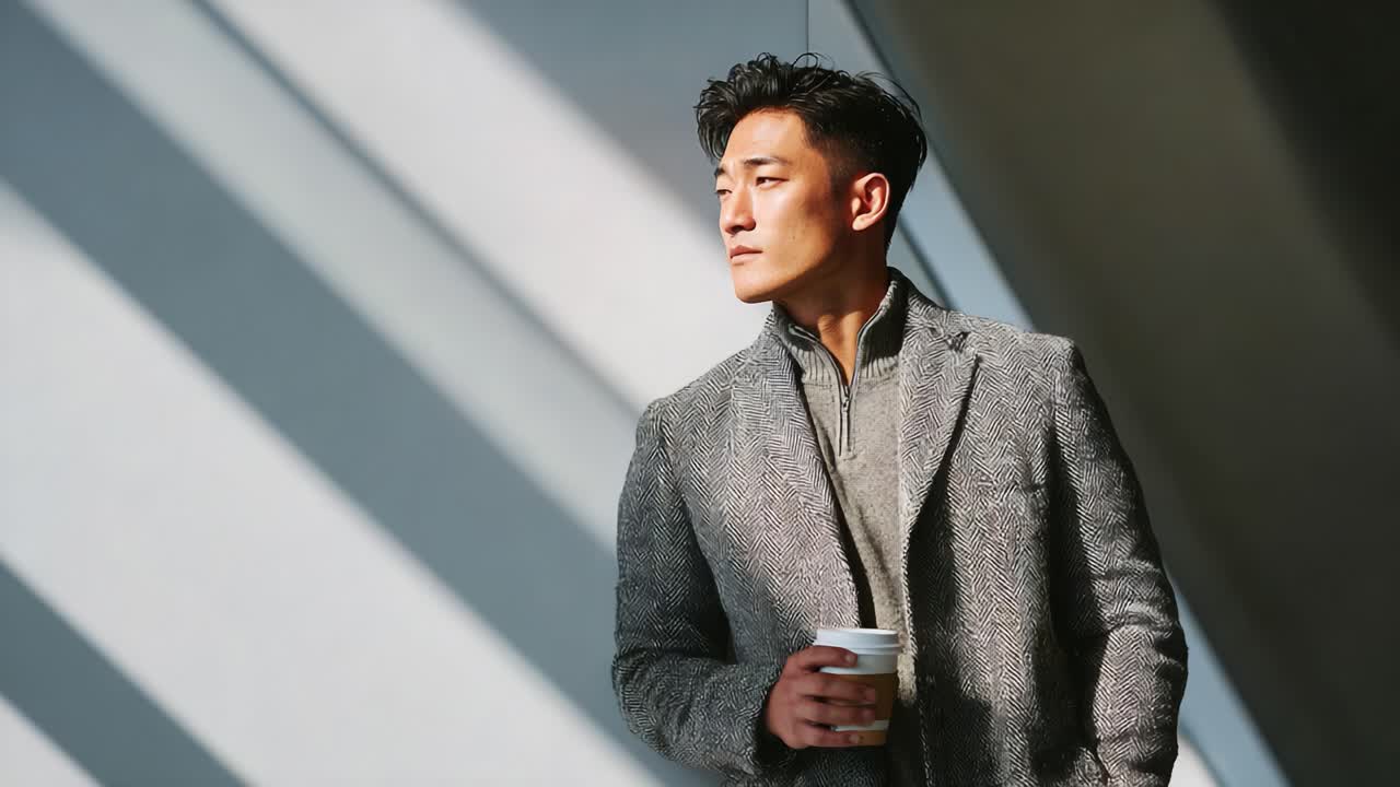 A Stylish Man in a Tailored Coat Reflects Against Modern Architecture, Holding a Coffee Cup While Capturing the Play of Light and Shadows in a Contemporary Space