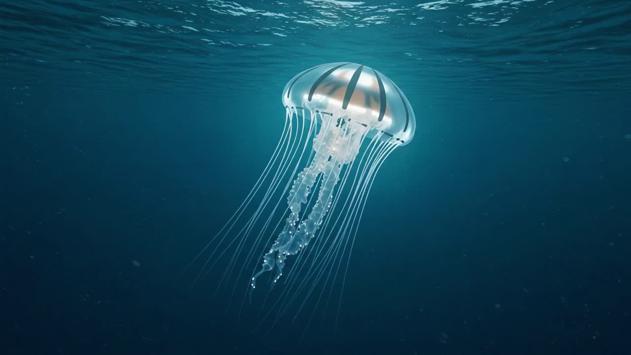 Una maestosa medusa nuota con grazia attraverso acque oceaniche cristalline, mostrando i suoi intricati tentacoli e il corpo luminescente in un sereno ambiente sottomarino.