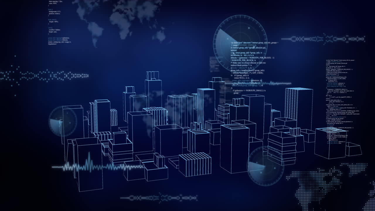 Animation of data processing over 3d cityscape