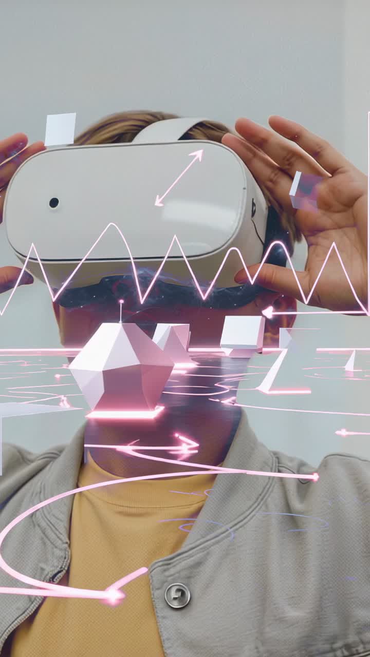 Vertical video: Sliding VR headset strap teenager inspecting cubes and waveforms in studio