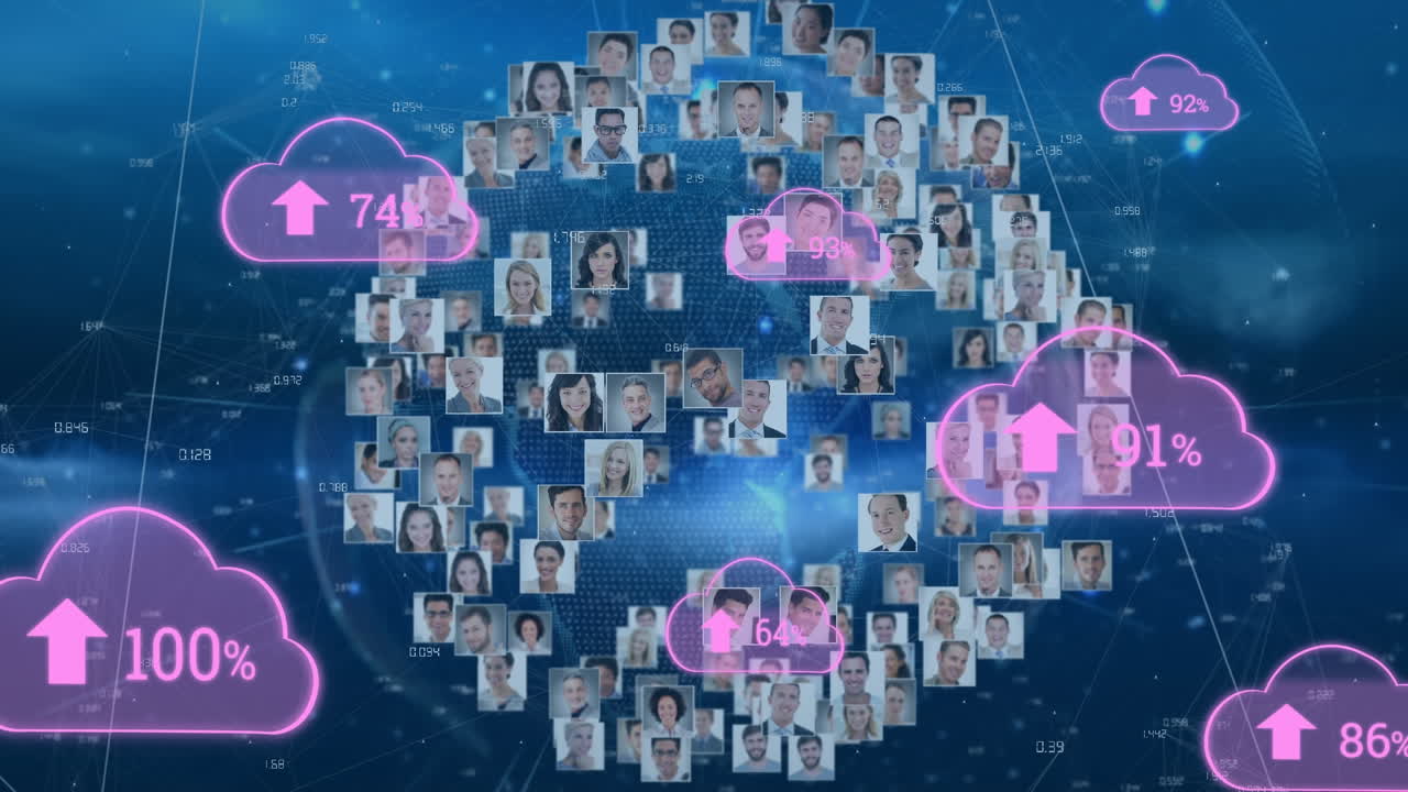 다양한 사람들과 함께 회전하는 사진을 업로드하는 구름의 애니메이션