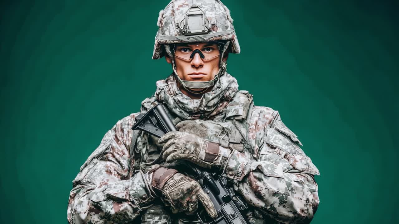 Un Soldato Determinato Preparato all'Azione: Mettendo in Mostra Prontezza e Impegno Militare in un Ritratto Dinamico su uno Sfondo Semplice